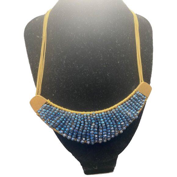 Signed Kenneth Cole New York Necklace AB Blue Beaded Bib Gold Multi Chain 18+3" - Picture 1 of 7